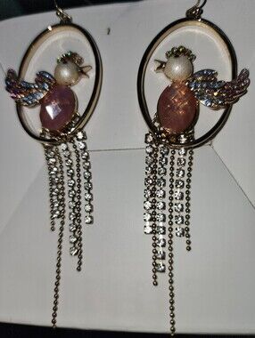 Gold-Tone Bird Drop Earrings with Pink Opal Cabochons and Crystal Fringe